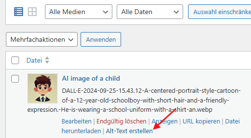 Ein Bildschirm zeigt ein Bild mit Optionen für "Alt-Text erstellen" in WordPress. Keyword: bilder-alt-erstellen-wordpress.