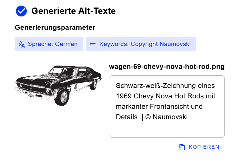 Beispieldarstellung der von Bilder-Alt AI erstellten Alt Beschreibung für eine Schwarz-weiß-Zeichnung eines 1969 Chevy Nova Hot Rods mit markanter Frontansicht