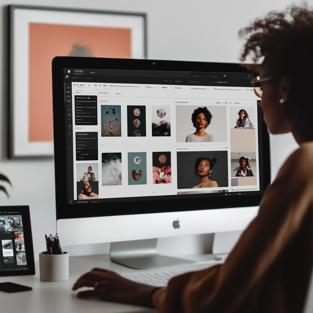 Eine Person arbeitet am Computer an Bildbearbeitungssoftware. Im Vordergrund steht ein großer Monitor. SEO Alt Text.