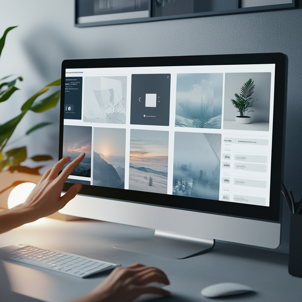 Person arbeitet am Computer, um Bilder mit einem SEO Alt Text zu versehen. Der Bildschirm zeigt eine Bildergalerie.