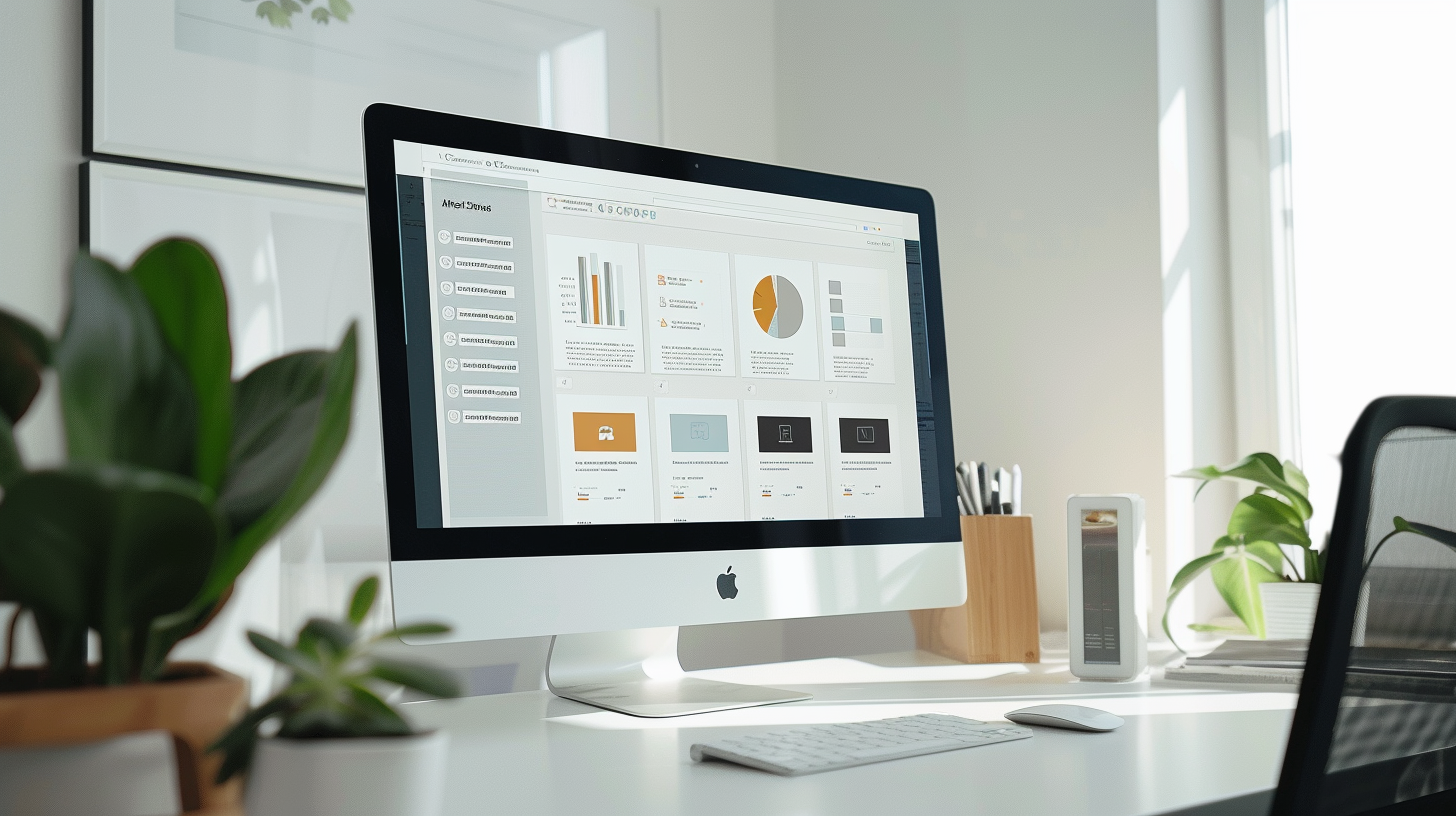 Moderner Arbeitsplatz mit Computer, der ein SEO Alt Text Generator Dashboard zeigt, umgeben von Pflanzen und Büromaterial.