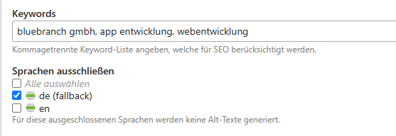 Eine Benutzeroberfläche zeigt SEO-Alt-Text-Generator-Einstellungen mit Keyword-Optionen und Sprachenauswahl.