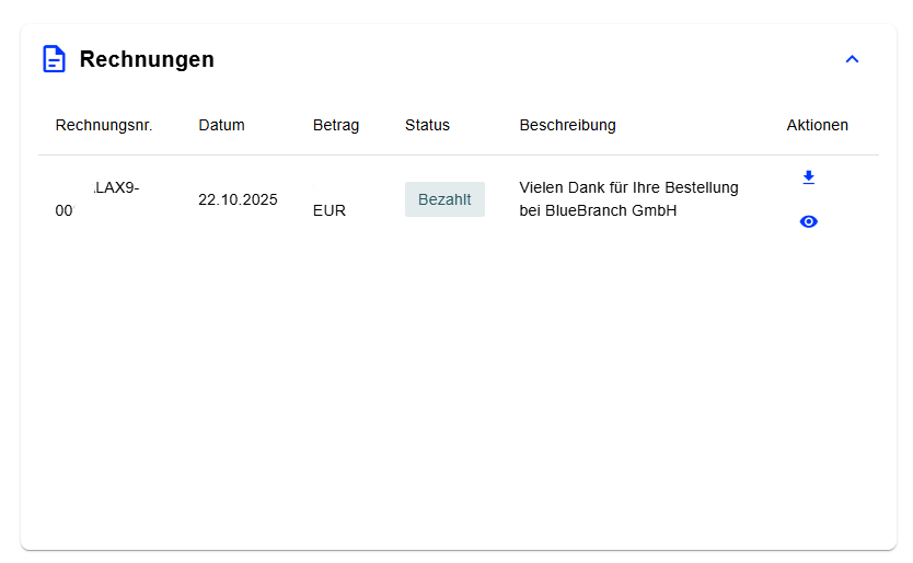 Eine bezahlte Rechnung von BlueBranch GmbH wird mit Status, Datum und Beschreibung auf einem Bildschirm angezeigt.