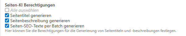 Eine Benutzeroberfläche zeigt Optionen zur Generierung von Seitentiteln und SEO-Texten mit einem KI Alt Text Generator.